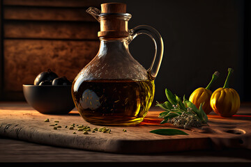 Oil olive in a glass jug on a wooden chopping board with scattered ingredients around it