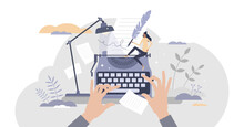 Blog Author And Creative Literature Writer And Freelancer Tiny Person Concept, Transparent Background. Publishing Editor And Journalist Creates Post For Social Media Or Personal Website Illustration.