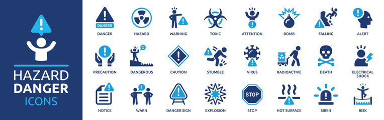 hazard danger icon set. containing warning sign, toxic, attention, siren, alert, caution and bomb ic