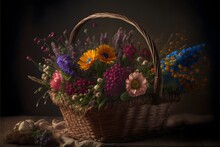 A Vibrant Bouquet Of Wildflowers, Arranged In A Rustic Basket And Captured In Soft Focus To Emphasize Their Natural Beauty