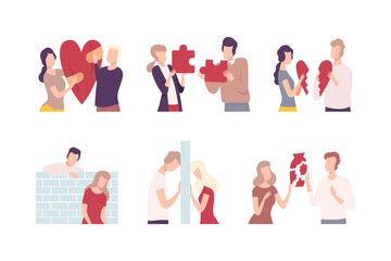 Canvas Print - Set of couples trying to restore broken heart. Man and woman characters solving problems to return their love flat vector illustration