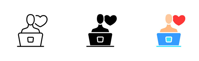 Dating app set icon. Website, meeting, broken heart, feelings, love, like button, cursor, finger, computer, couple. Relationships concept. Vector icon in line, black and colorful style