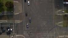Cars Drive On Intersection Turn. Lovely Aerial View Flight Drone