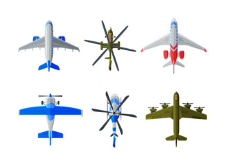 Poster - Top view of aircrafts and helicopter set. Various civil and military airplanes cartoon vector illustration