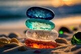 Fototapeta Londyn - illustration of beautiful  crystal stone stack in balance with tropical seascape with turquoise water and white sand beach