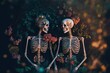 beautiful skull skeleton of lover in forest, cuddle lay on ground together with flowers and floral , idea for eternal love romantic Valentine or Halloween background, they are smiling to each other
