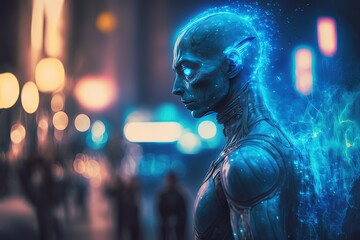 Wall Mural - a strange creature or a soul spirit is wandering around town with blur cityscape background with cop