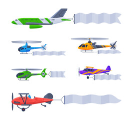 Sticker - Aircrafts flying with advertising banners. Blank horizontal banner pulled by airplanes and helicopters set cartoon vector illustration