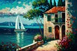 oil painting style beautiful illustration coastal seascape with nobody