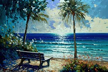 Oil Painting Style Beautiful Illustration Coastal Seascape With Nobody
