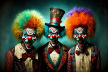 Company Of Crazy Sinister Clowns In Costumes And Wigs
