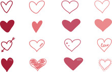 Set Of Vector Flat Hand Drawn Hearts In Pink Tones