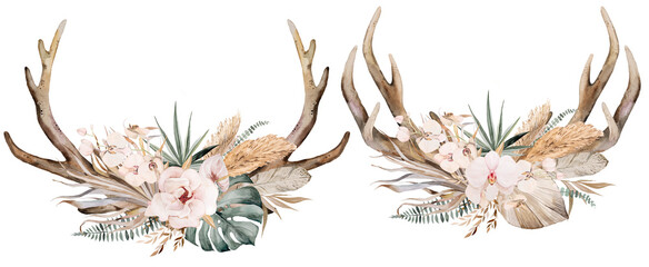 Wall Mural -  Watercolor deer antlers with with tropical leaves and flowers bouquet, Boho Wedding illustration