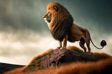 Majestic Lion King Standing On Hill And Looking Into Distance