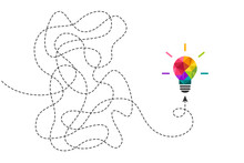 Creative Idea Concept With Colorful Light Bulb. One Continuous Dashed Line As Thinking Process, Trials And Challenges Symbol Leading To Lightbulb Made Of Vibrant Colors.