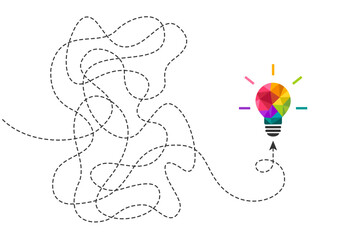 Wall Mural - creative idea concept with colorful light bulb. one continuous dashed line as thinking process, tria