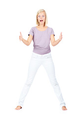 Poster - Wow, woman and empty hand holding in studio for product placement, marketing and branding surprise. Excited model with hands to show mock up for advertising or promotion isolated on white background