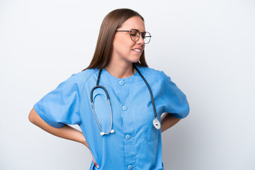 Wall Mural - Young nurse caucasian woman isolated on white background suffering from backache for having made an effort