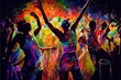 Abstract colorful background with crowd of people dancing in the nightclub.