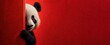 © koldunova - Panda cautiously peeks around a corner against a red background created with Generative AI technology. Copy space.
