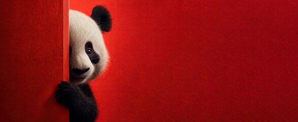 panda cautiously peeks around a corner against a red background created with generative ai technolog