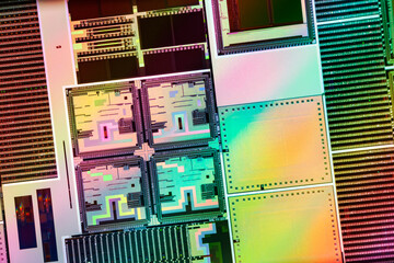 Poster - Silicon monocrystalline wafer with microchips manufacturing used in fabrication of electronic integrated circuits.