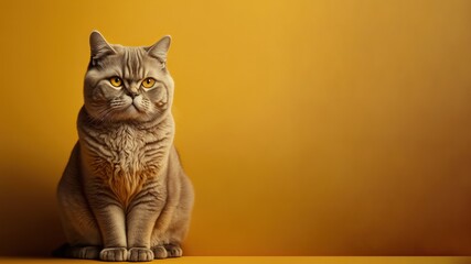 Poster -  Cat with a serious expression on its muzzle sits on a yellow background, with copy space, created using Generative AI technology. 