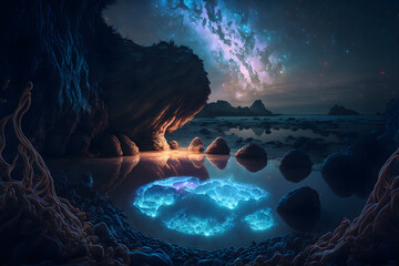 Wall Mural - Landscape Bioluminescence glowing plankton in water, fantasy luminescent algae in mountain lake at night, stunningly beautiful scene. Stars reflected in water. 3d illustration