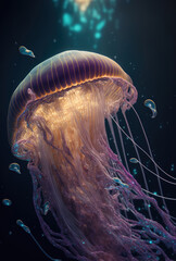 Wall Mural - Glowing jellyfish swim deep in blue sea. Medusa neon jellyfish fantasy in space cosmos water. 3d illustration