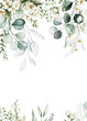 © Veris Studio - Watercolor floral frame border with white flowers, rose, peony, green leaves, branches and gold elements, for wedding stationary, greetings, wallpapers, fashion, background. Eucalyptus, olive.