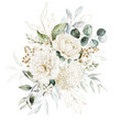 © Veris Studio - Watercolor floral illustration bouquet - white flowers, rose, peony, green and gold leaf branches collection. Wedding stationary, greetings, wallpapers, fashion, background. Eucalyptus, olive, leaves.