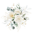 © Veris Studio - Watercolor floral illustration bouquet - white flowers, rose, peony, green and gold leaf branches collection. Wedding stationary, greetings, wallpapers, fashion, background. Eucalyptus, olive, leaves.