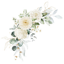 Watercolor Floral Illustration Bouquet - White Flowers, Rose, Peony, Green And Gold Leaf Branches Collection. Wedding Stationary, Greetings, Wallpapers, Fashion, Background. Eucalyptus, Olive, Leaves.
