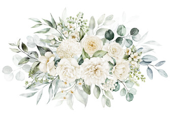 Wall Mural - Watercolor floral illustration bouquet - white flowers, rose, peony, green and gold leaf branches collection. Wedding stationary, greetings, wallpapers, fashion, background. Eucalyptus, olive, leaves.