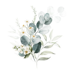 Wall Mural - Watercolor floral illustration bouquet - white flowers, green leaf branches collection, for wedding stationary, greetings, wallpapers, fashion, background. Eucalyptus, olive, green leaves, etc.