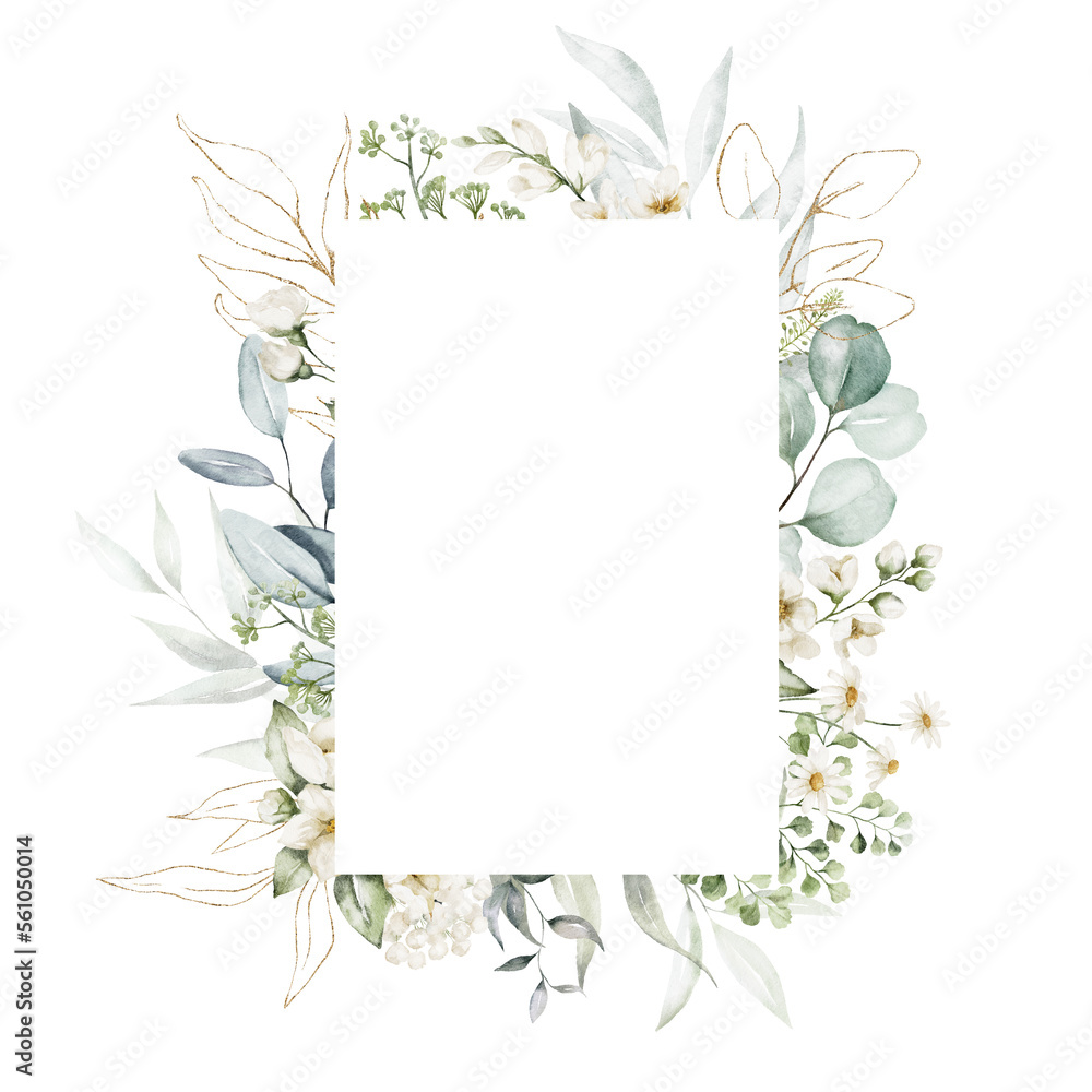 Watercolor floral illustration - gold leaves and branches wreath frame ...