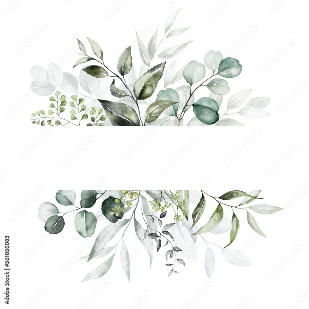 Watercolor floral illustration - green and gold leaf frame - border ...