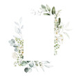Leinwandbild Motiv Watercolor floral illustration - white flowers, leaves and branches wreath frame with geometric shape. Wedding stationary, greetings, wallpapers, fashion, background. Eucalyptus, olive, green leaves.