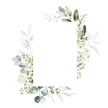Watercolor Floral Illustration - White Flowers, Leaves And Branches Wreath Frame With Geometric Shape. Wedding Stationary, Greetings, Wallpapers, Fashion, Background. Eucalyptus, Olive, Green Leaves.