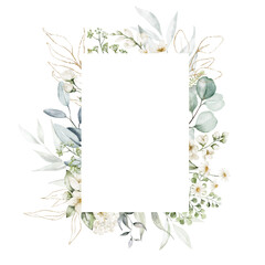 Wall Mural - Watercolor floral illustration - gold leaves and branches wreath frame with geometric shape. Wedding stationary, greetings, wallpapers, fashion, background. Eucalyptus, olive, green leaves.