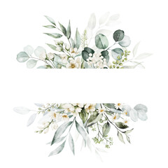 Watercolor floral illustration - white flowers, green and gold leaf frame - border, for wedding stationary, greetings, wallpapers, fashion, background. Eucalyptus, olive, green leaves, etc.