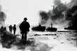 A black and white pen illustration of the Allied invasion of occupied France during Operation Overlord D-Day on the 6th of June 1944 in Normandy.
