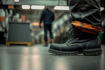 Wall Mural - Close-up  safety working shoe on a worker feet is standing at the factory, ready for working in danger workplace concept. Industrial working scene and safety equipment. Generative Ai image.