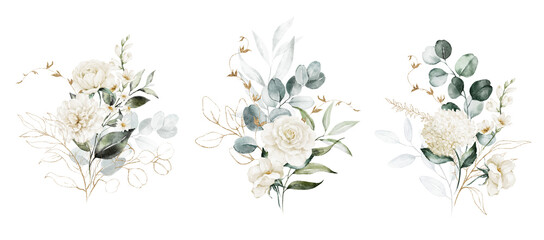 Wall Mural - Watercolor floral illustration set - white flowers, green gold leaf branches collection, for wedding stationary, greetings, wallpapers, fashion, background. Eucalyptus, olive, leaves, chamomile.
