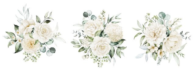 Wall Mural - Watercolor floral bouquet illustration set - white flower green leaf leaves branches bouquets collection. Rose, peony, eucalyptus, chamomile. Wedding stationary, greetings, wallpapers, fashion.