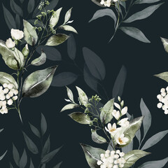 Wall Mural - Seamless watercolor floral pattern - white flowers, chamomile, leaves, green branches composition on black background. Wrappers, wallpapers, postcards, greeting cards, wedding invitations, posters.