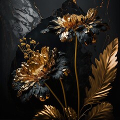 Wall Mural - 3d wallpaper for wall frames fractal flowers golden and black liquid marble background. Resin geode and abstract art, functional art, like geode painting. 