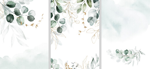 Wall Mural - Watercolor floral illustration set - bouquet, frame, border. Gold green leaf branches collection. Wedding stationary, wallpapers, fashion. Eucalyptus olive  leaves.