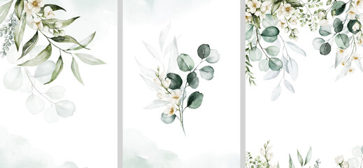 Wall Mural - Watercolor floral illustration set - bouquet, frame, border. White flowers, rose, peony, green leaf branches collection. Wedding stationary, wallpapers, fashion. Eucalyptus olive  leaves chamomile.