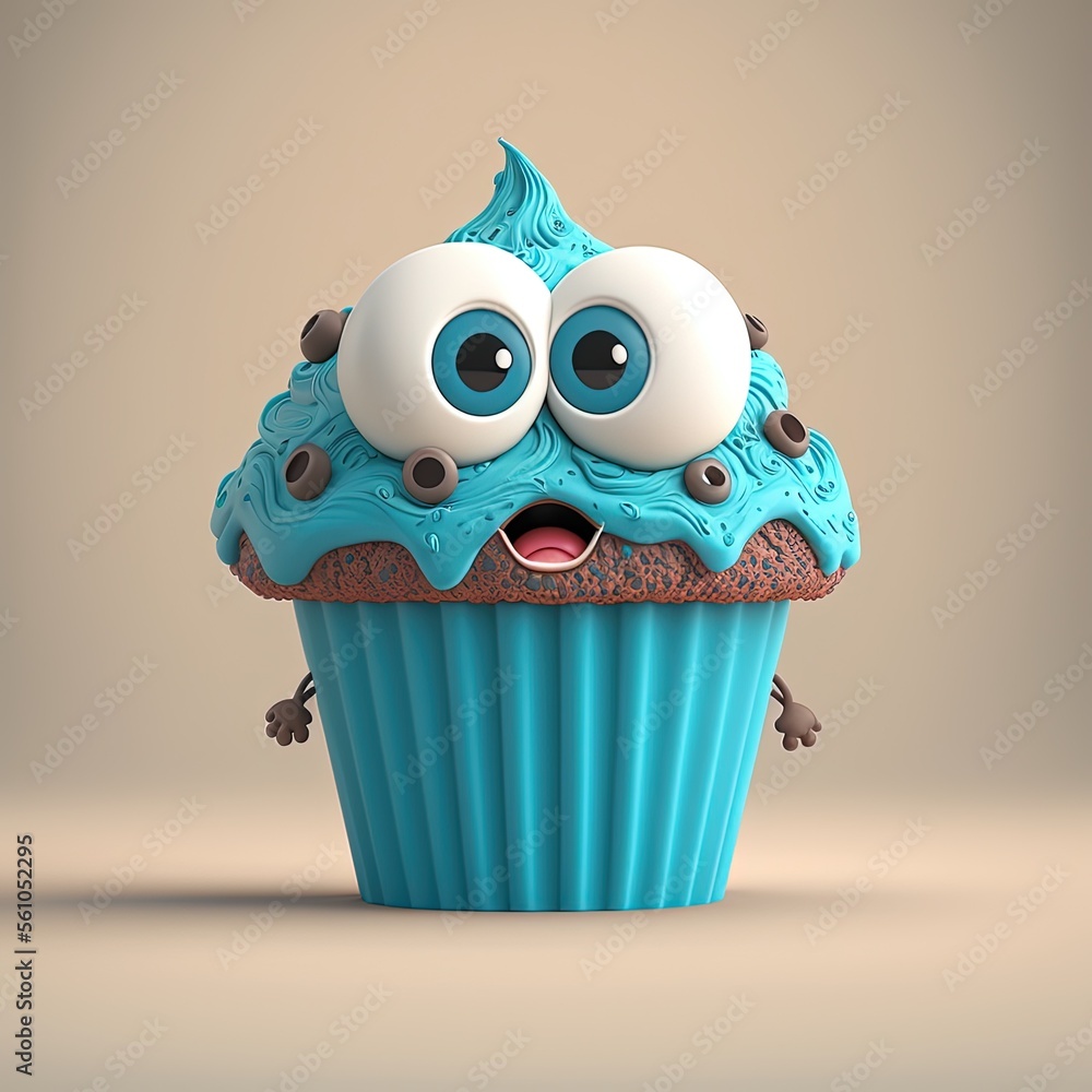 Cute Cartoon Blue Cupcake Character Generative AI Stock Illustration cute-cartoon-blue-cupcake-character-generative-ai-stock-illustration